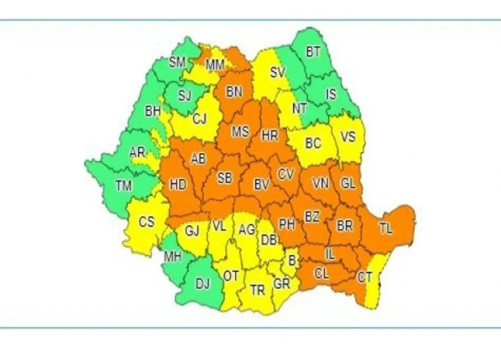 Cod portocaliu și cod galben de ploi torențiale și vijelii, în cea mai mare parte din țară, până luni