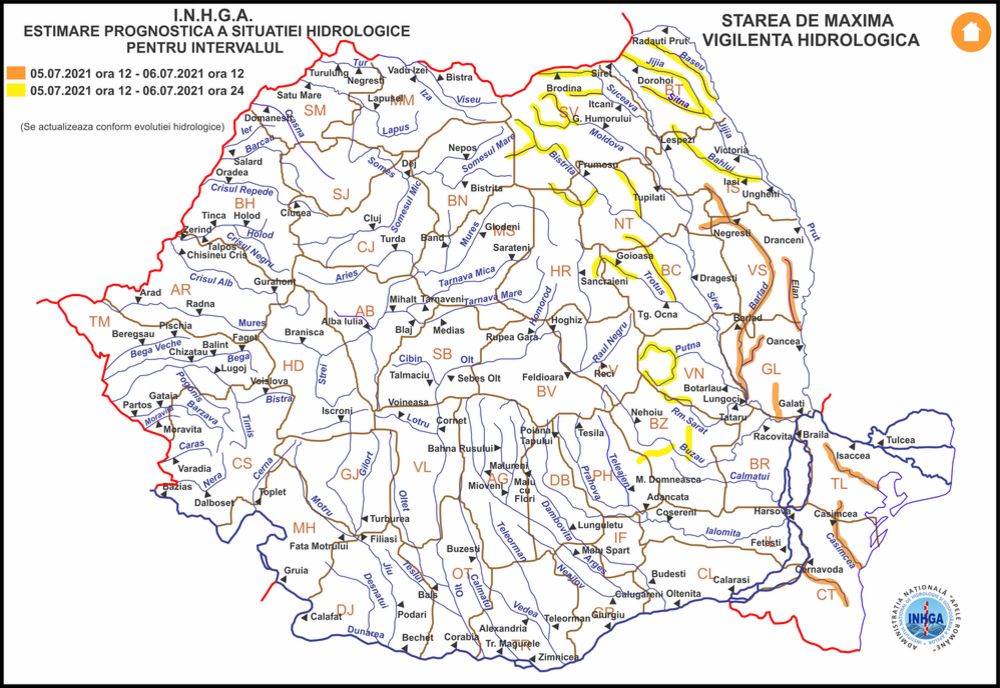 Risc de inundații în bazinele hidrografice ale Siretului și Prutului